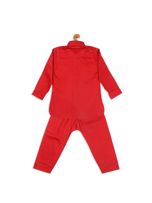 Sishu Boy's Red Pure Cotton Pathani Styl Kurta With Pyjama Set
